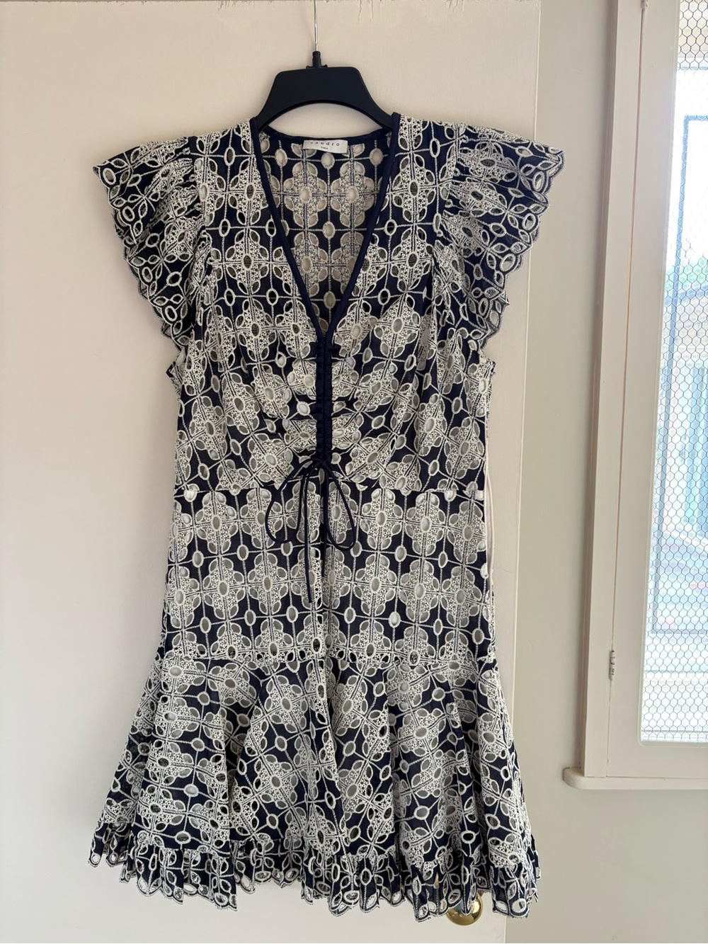 SANDRO Navy and White Lace-Pattern Flutter Sleeve Dress Top
